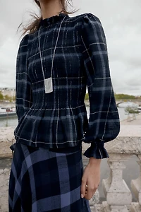 SMOCKED PLAID TOP