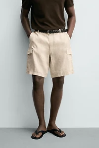 REGULAR FIT 100% LINEN CARGO SHORTS