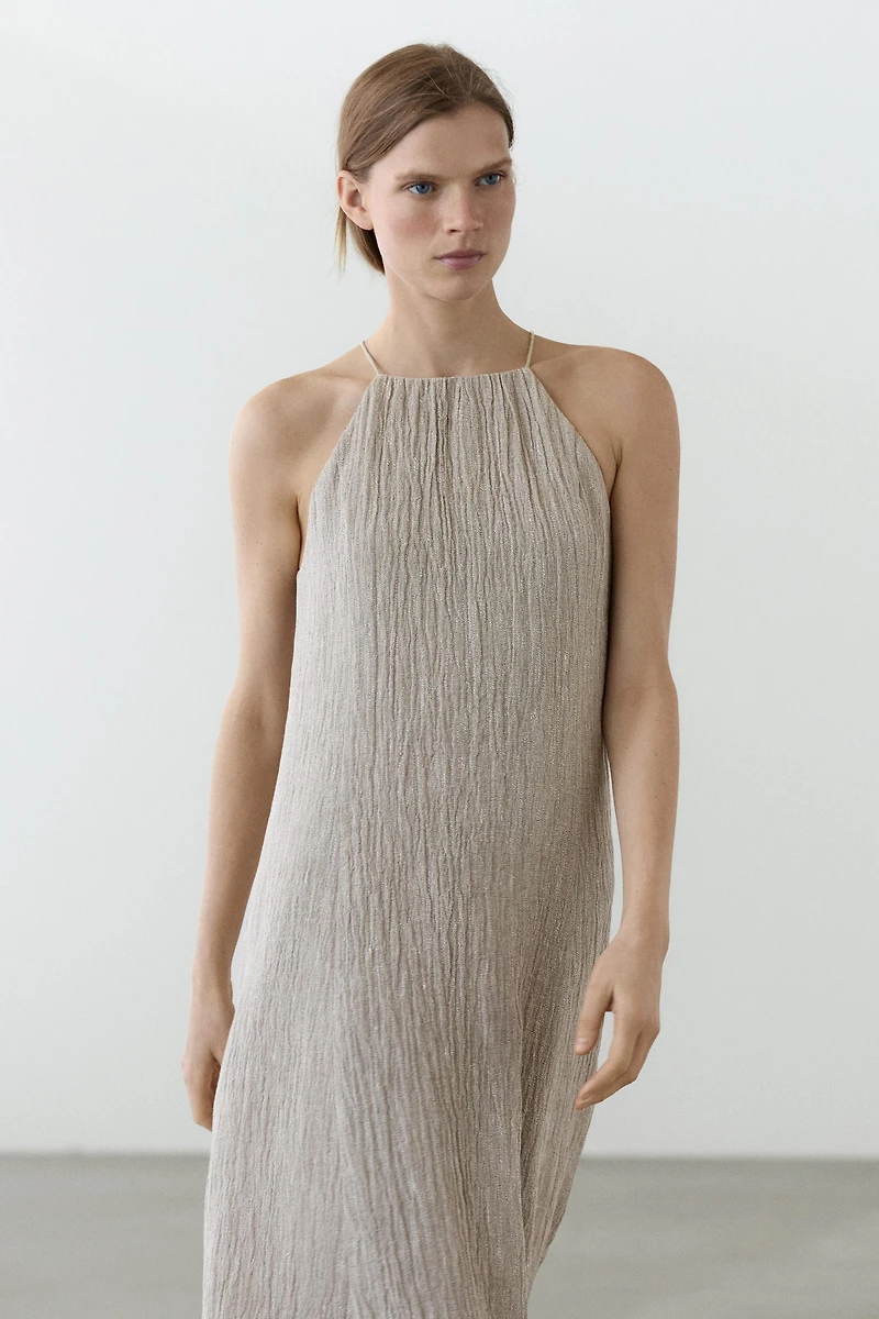 Flowing linen blend dress with gathered neckline