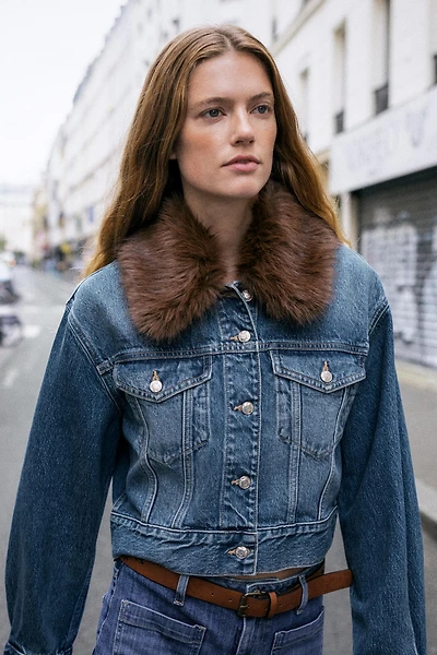 Z1975 FAUX FUR LAPEL CROPPED DENIM JACKET