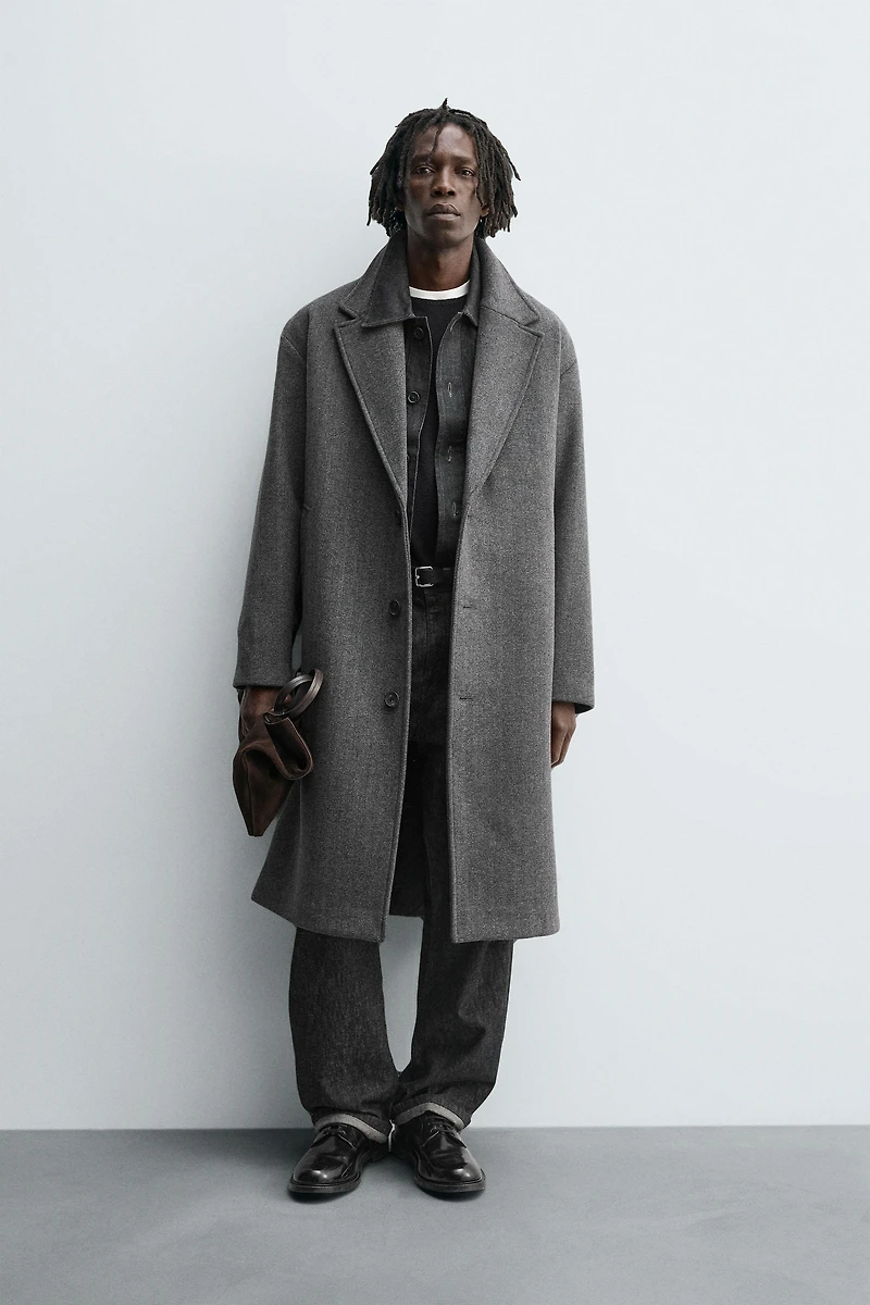 HERRINGBONE TEXTURED WOOL BLEND COAT