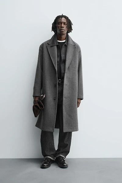 HERRINGBONE TEXTURED WOOL BLEND COAT