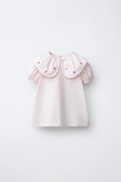 EMBROIDERED FLORAL PETER PAN COLLAR T-SHIRT