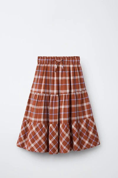 PLAID TIERED MIDI SKIRT