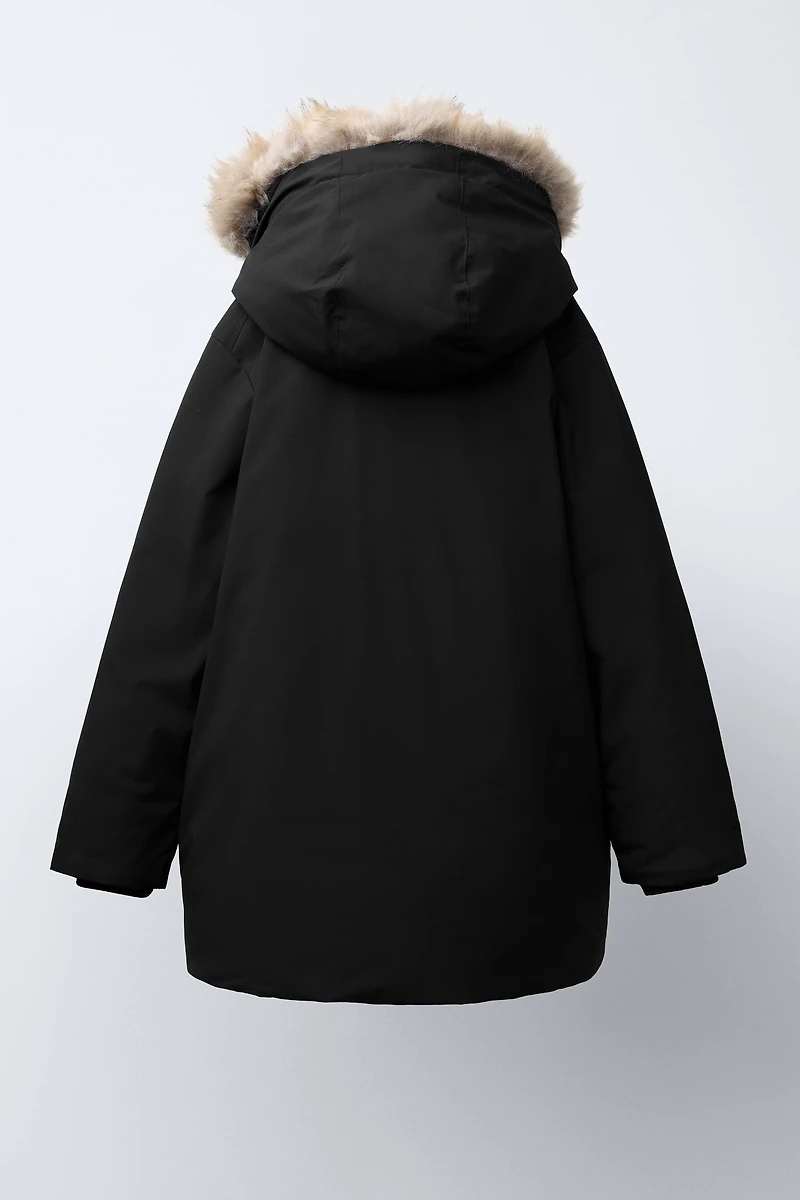 LONG FEATHER DOWN WATER REPELLENT PUFFER COAT WITH DETACHABLE FAUX FUR HOODIE