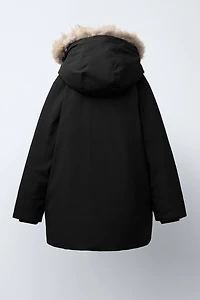 LONG FEATHER DOWN WATER REPELLENT PUFFER COAT WITH DETACHABLE FAUX FUR HOODIE