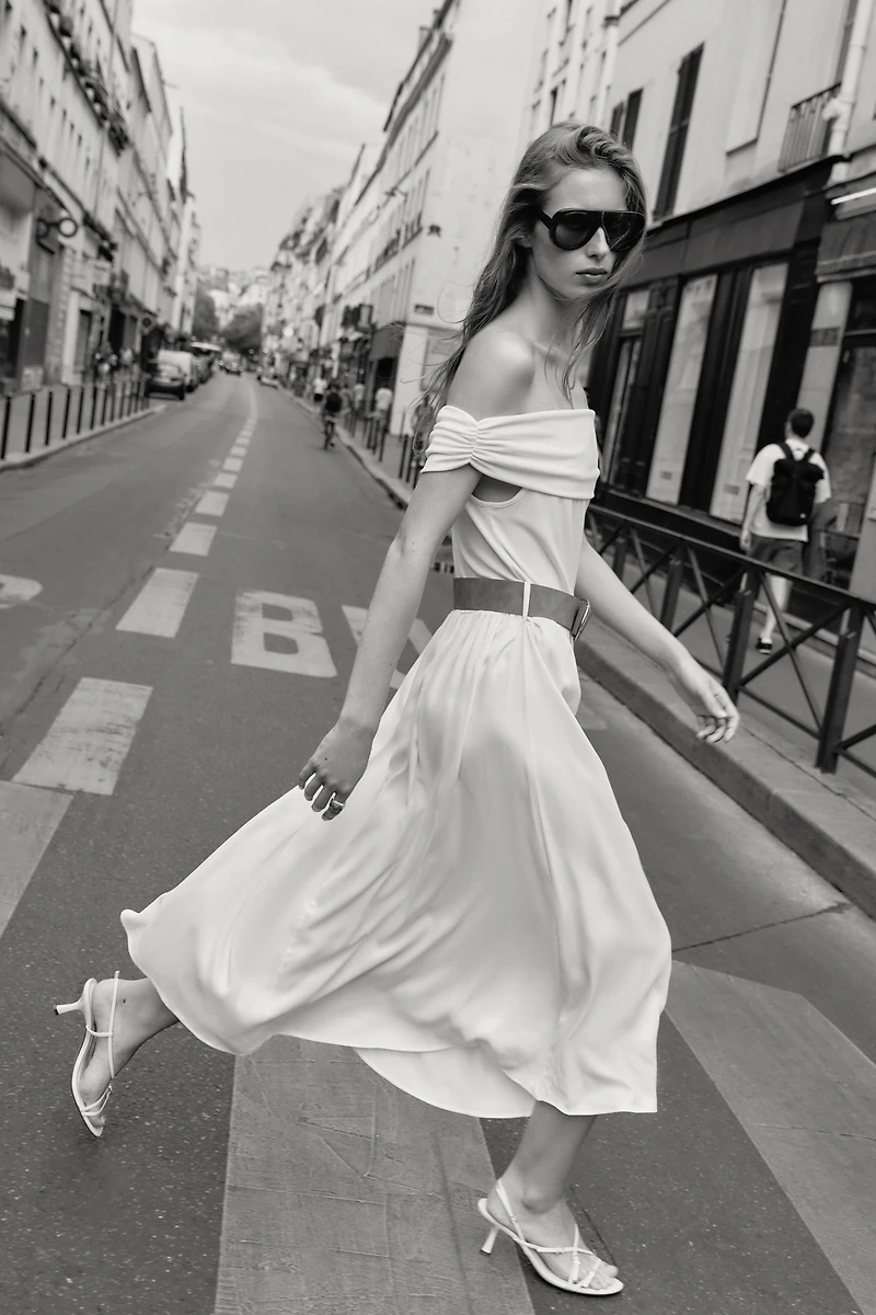 OFF-THE-SHOULDER COMBINATION MIDI DRESS WITH BELT
