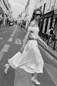 OFF-THE-SHOULDER COMBINATION MIDI DRESS WITH BELT