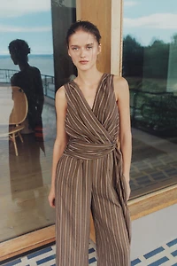 STRIPED BELTED JUMPSUIT