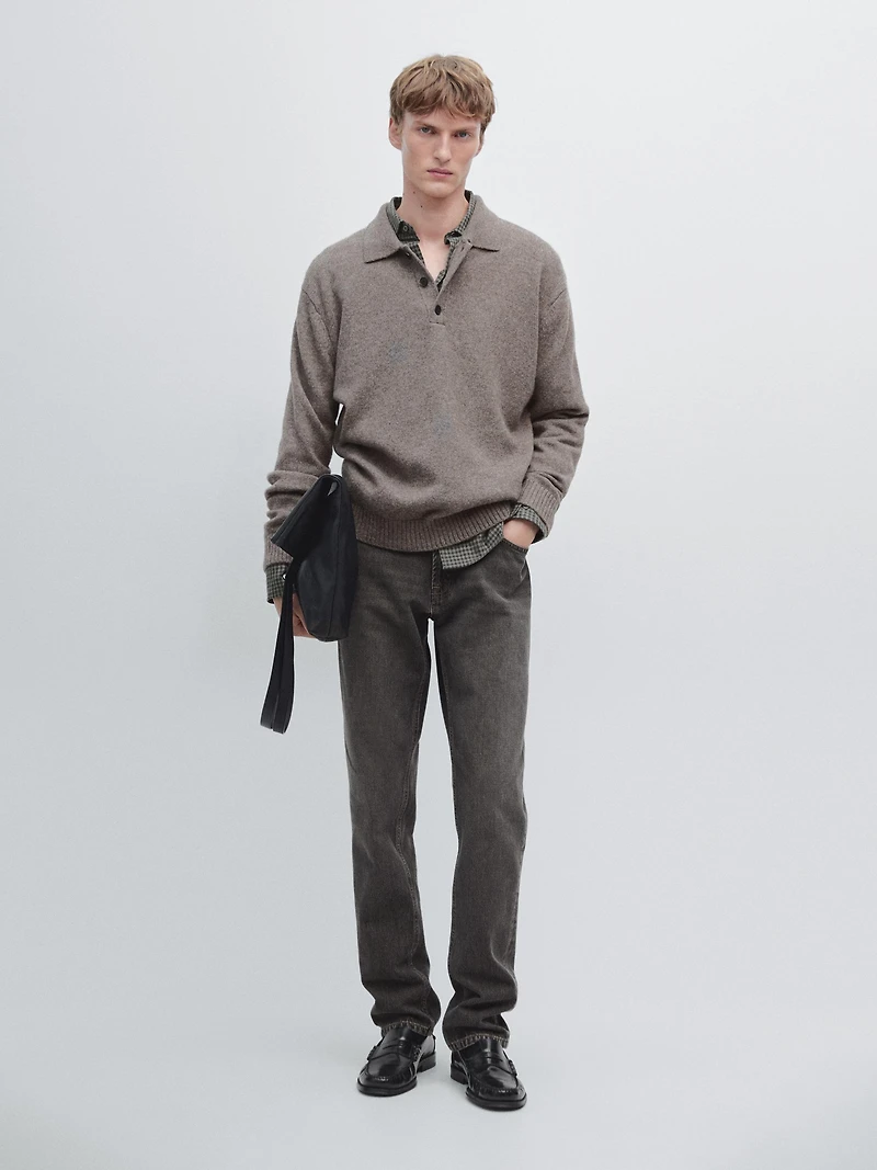 Wool blend knit polo sweater