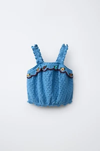 COTTON LINEN KNIT TOP WITH EMBROIDERY AND RUFFLES