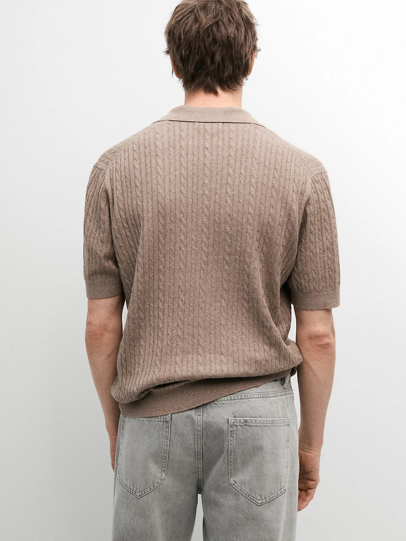 Short sleeve knit polo shirt with cable-knit detail