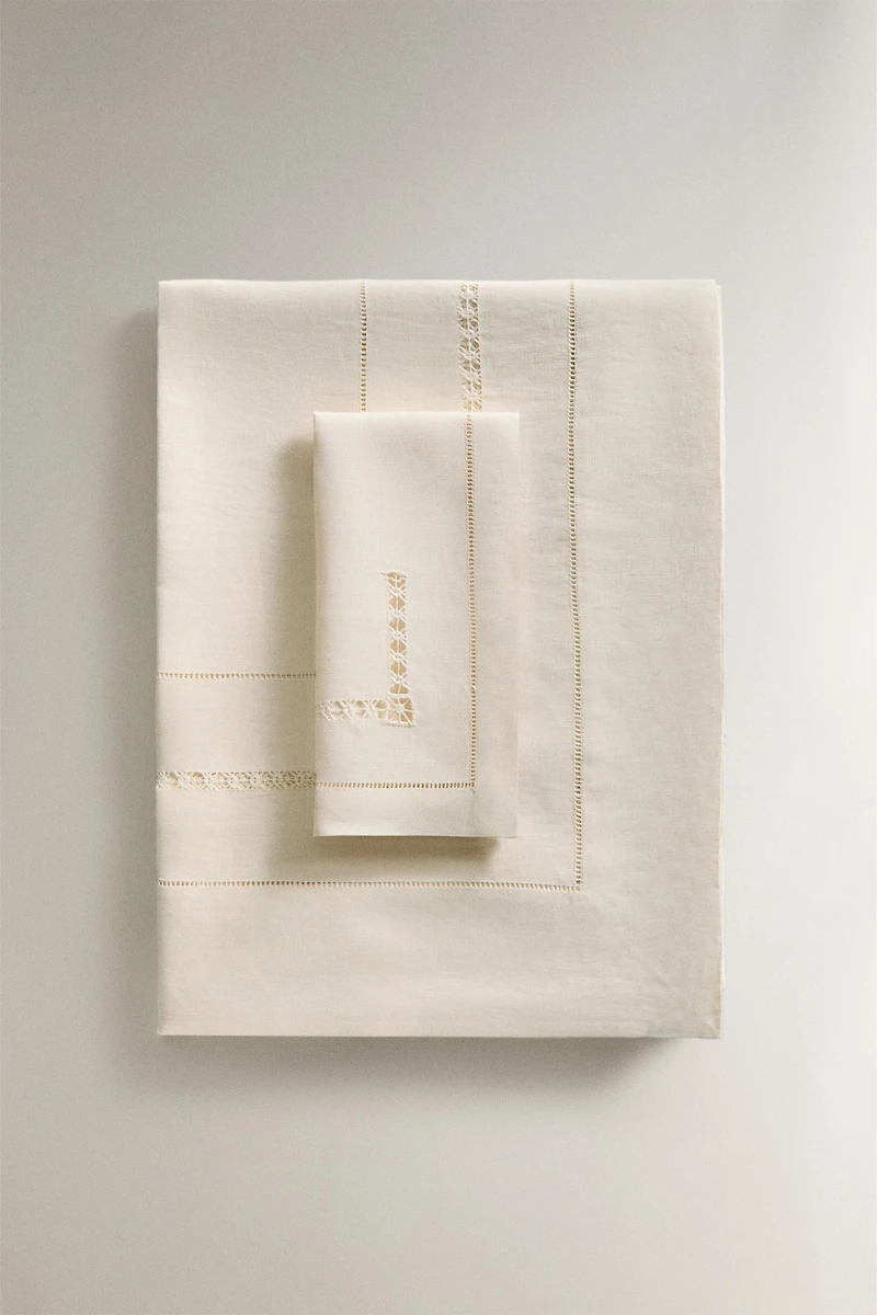 LINEN TABLECLOTH WITH HEMSTITCHED INSERTS