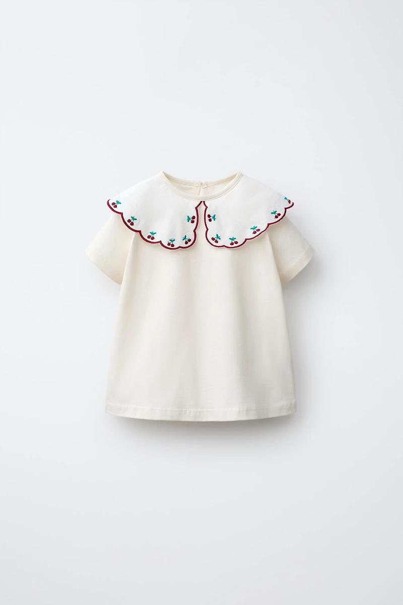 EMBROIDERED CONTRAST COLLAR TOP