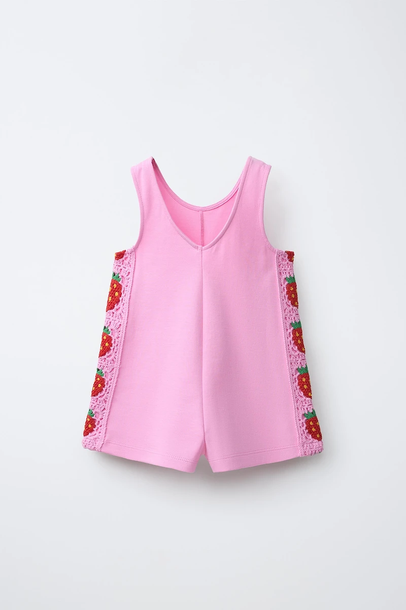 CROCHETED FLORAL KNIT SHORT JUMPSUIT