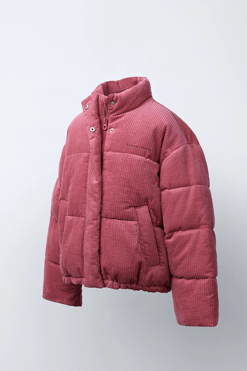 EMBROIDERED TEXT CORDUROY PUFFER JACKET