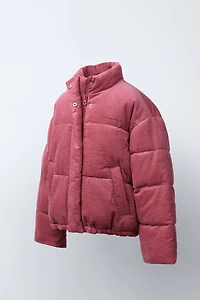 EMBROIDERED TEXT CORDUROY PUFFER JACKET