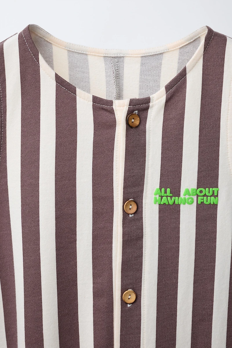 LONG STRIPED OVERALLS WITH EMBOSSED TEXT