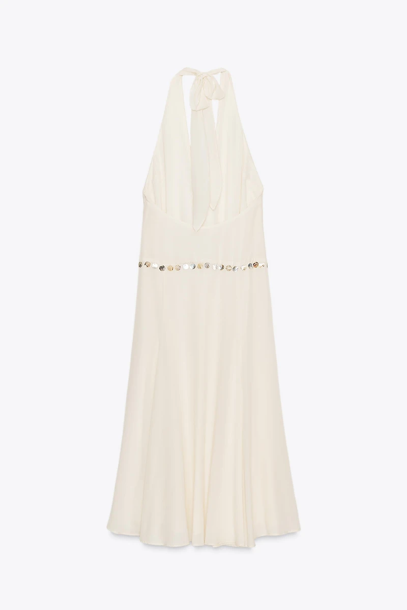BEADED HALTER MIDI DRESS
