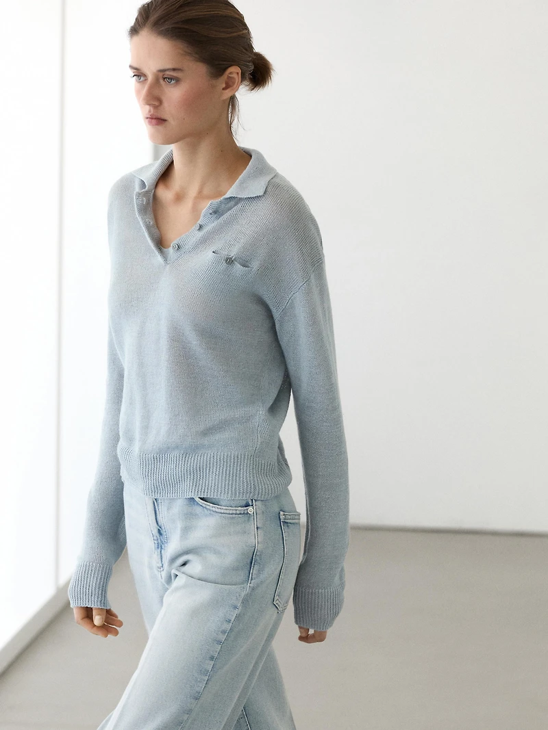 Fine linen polo collar sweater