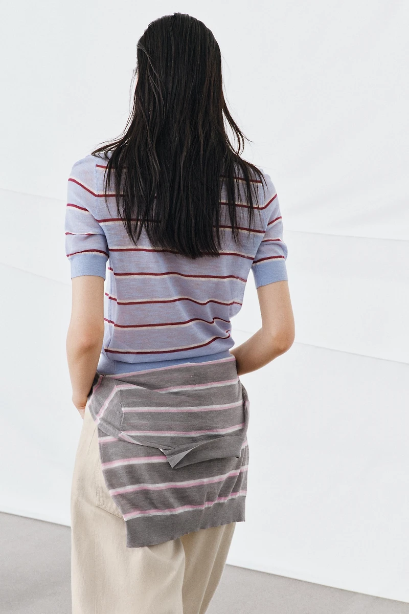 EXTRA-FINE WOOL STRIPED SHORT SLEEVE JUMPER