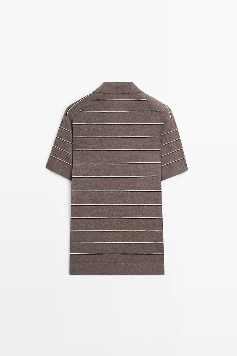 Striped knit V-neck polo shirt