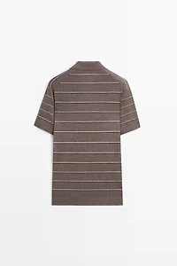 Striped knit V-neck polo shirt