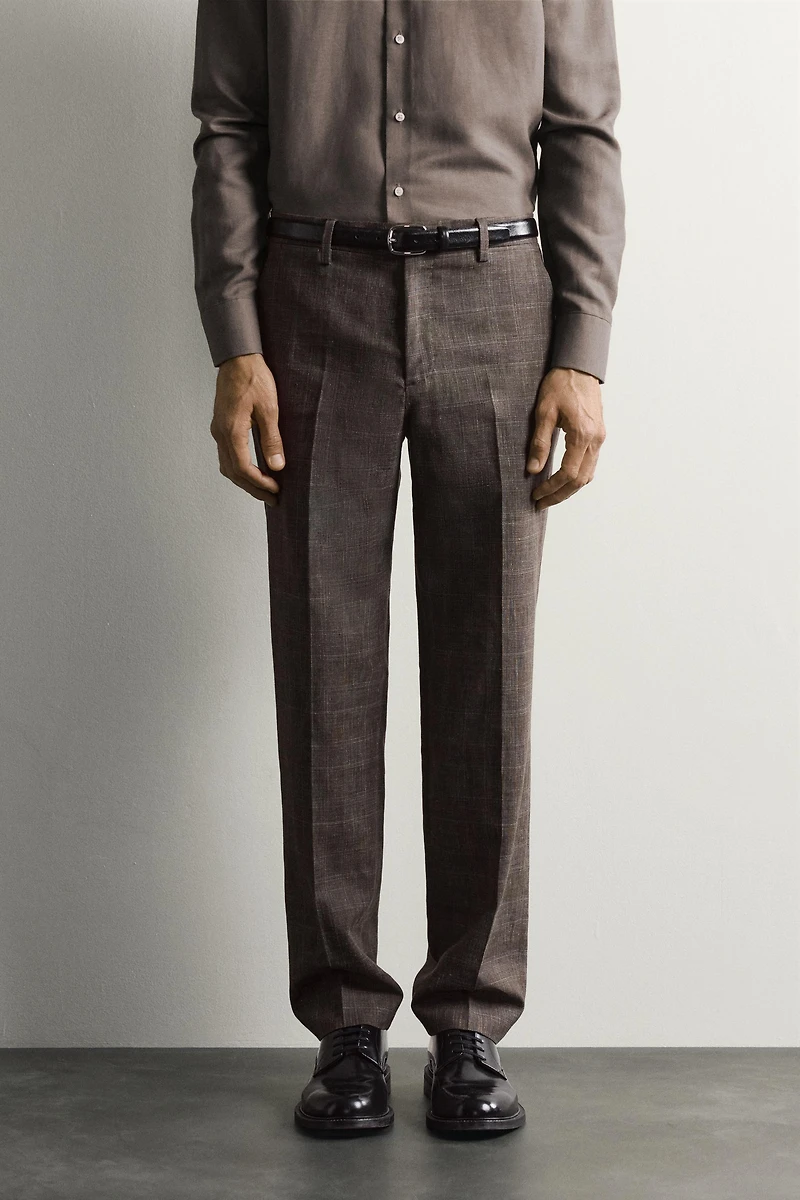 LINEN AND WOOL CHECK SUIT PANTS