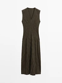 Creased-effect long pleated dress