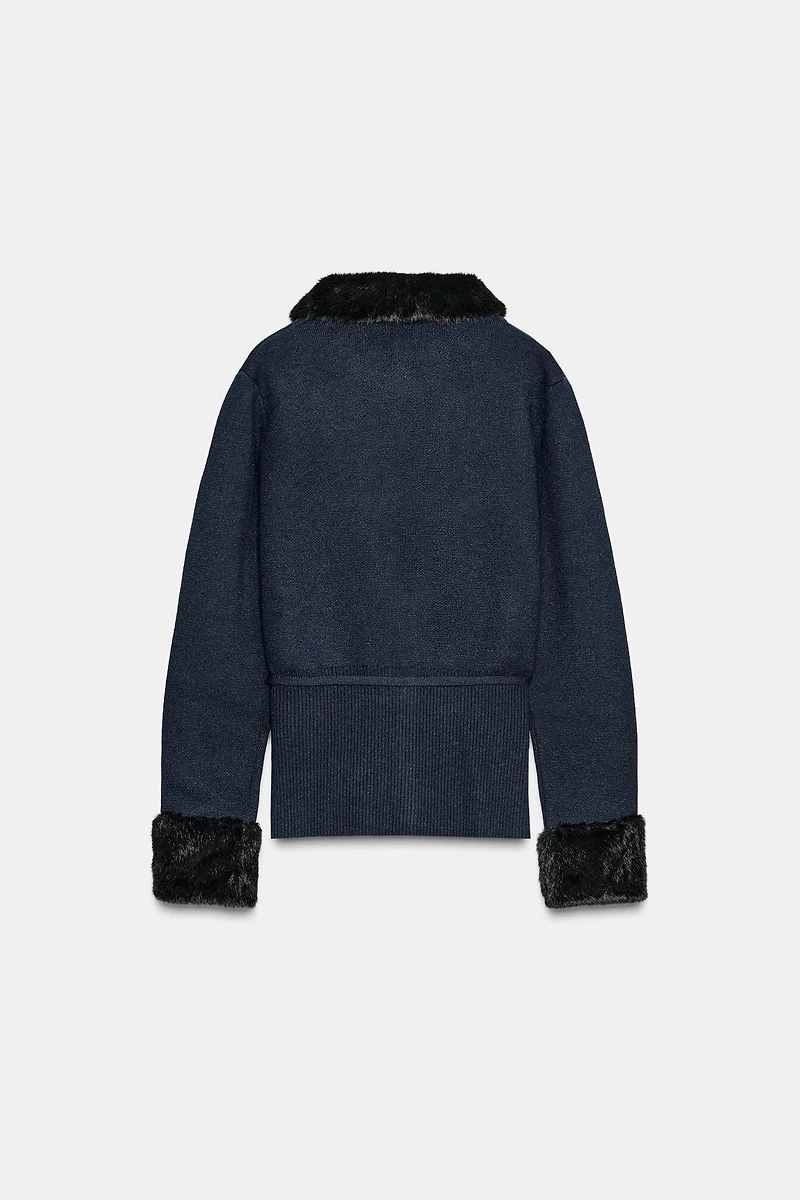 FAUX FUR TRIM COMBINATION CARDIGAN