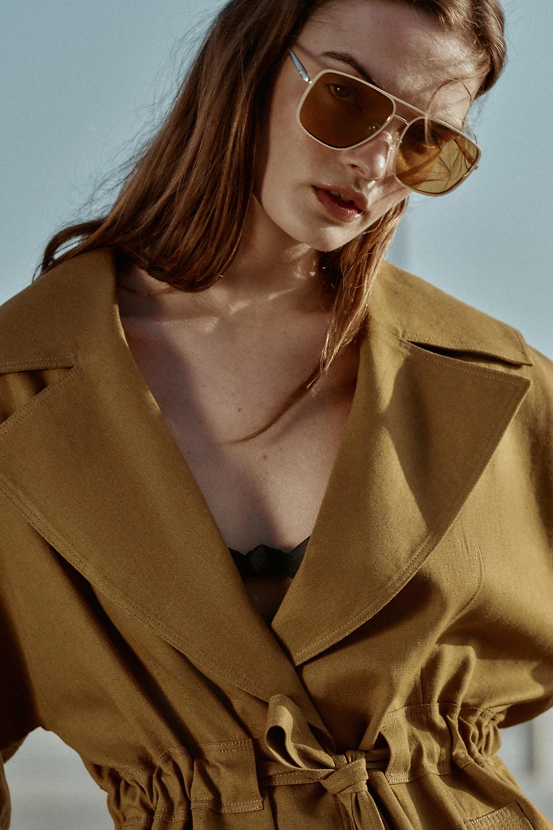 LINEN BLEND BELTED TRENCH JACKET