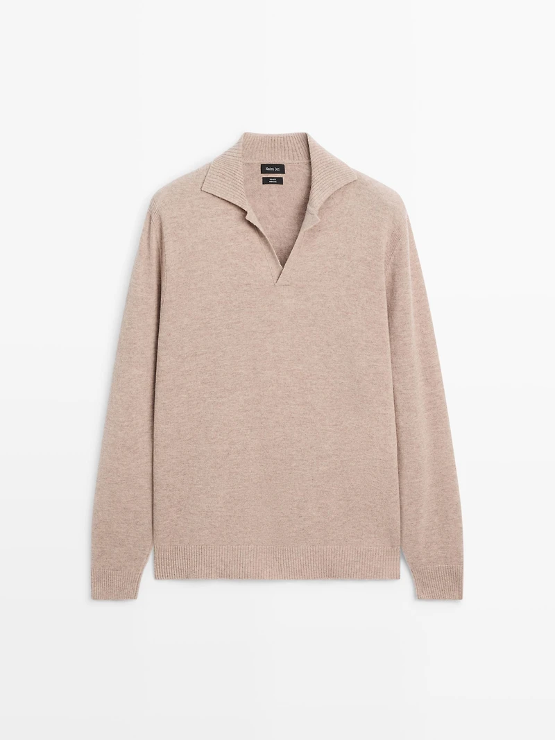 Wool V-neck knit polo sweater