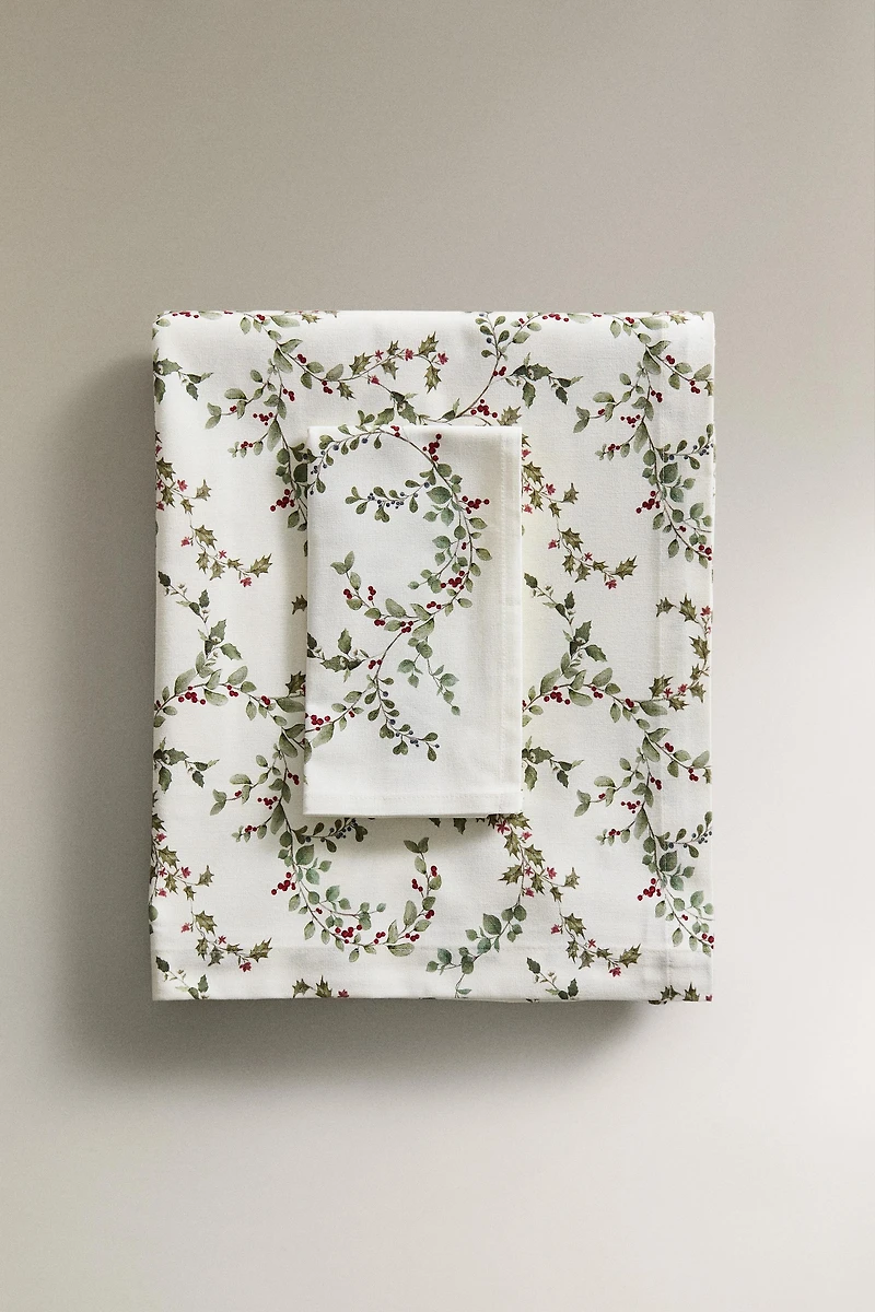 NAPPE COTON FEUILLE HOUX NOËL