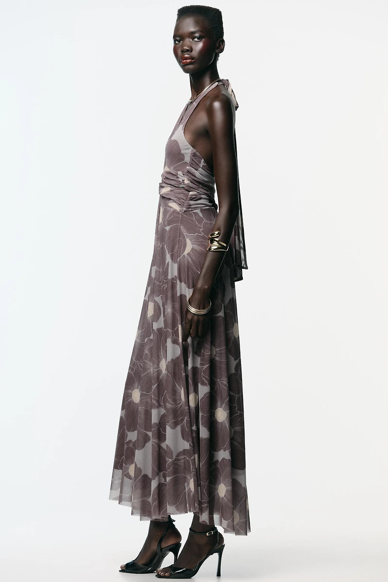 PRINTED CUT OUT TULLE MAXI DRESS