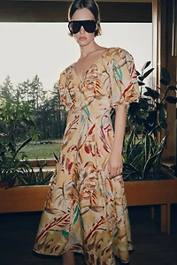 ROBE MI-LONGUE IMPRIMÉE À MANCHES BOUFFANTES
