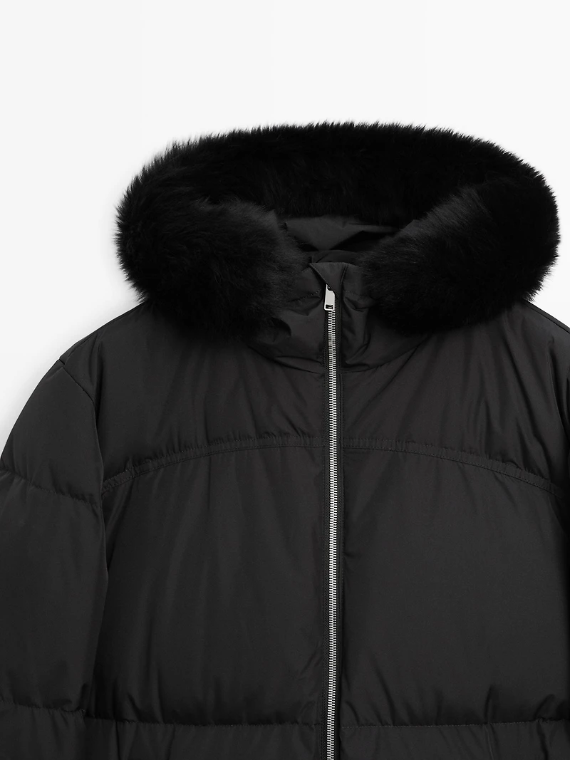 Technical down jacket with faux fur hood