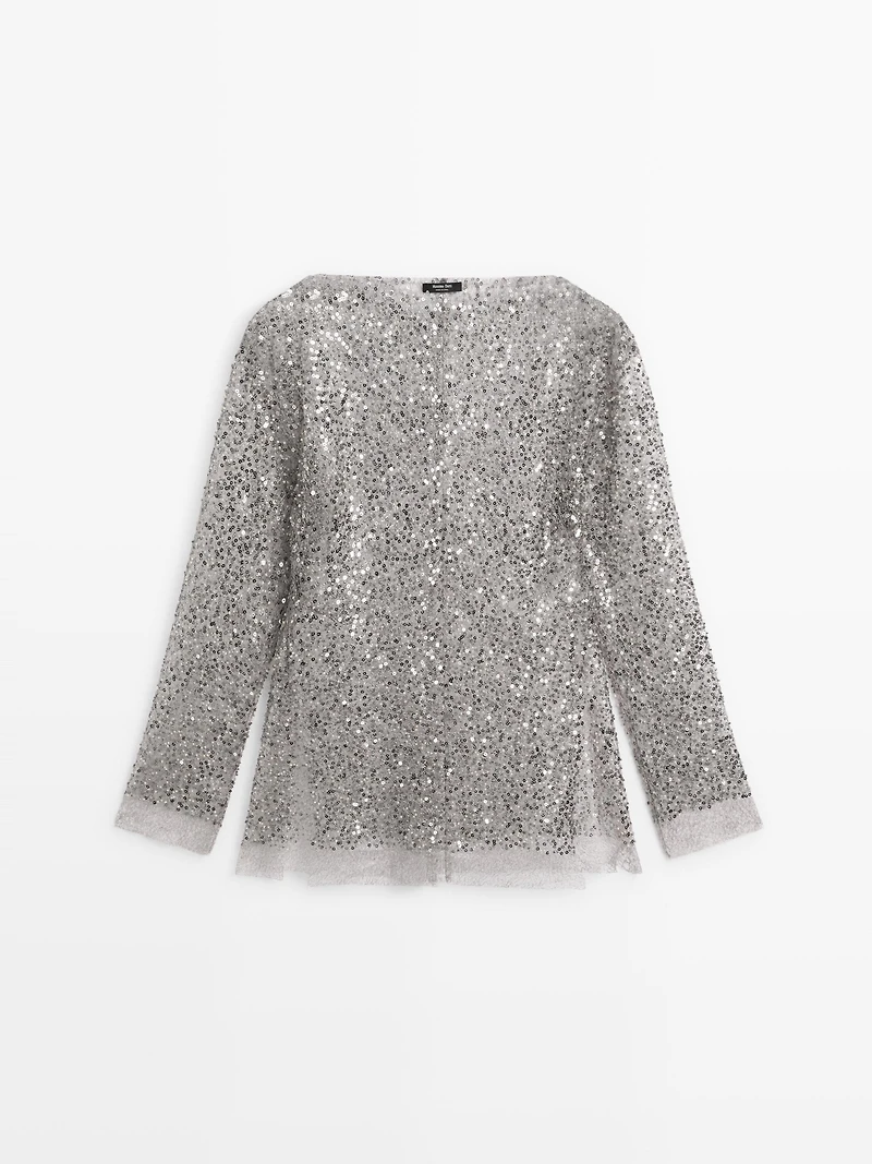 Sequinned blouse with cowl neck