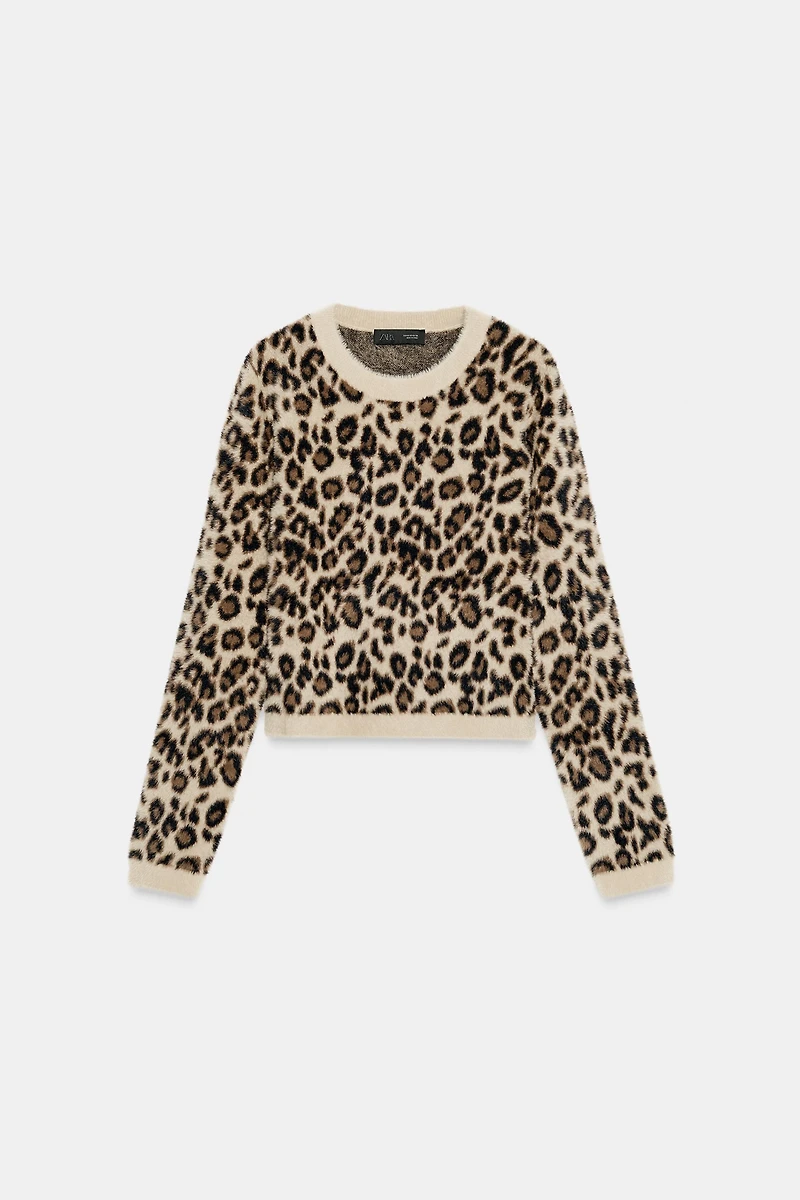 FAUX FUR ANIMAL PRINT KNIT JUMPER