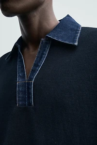 COMBINATION DENIM COLLAR KNIT POLO