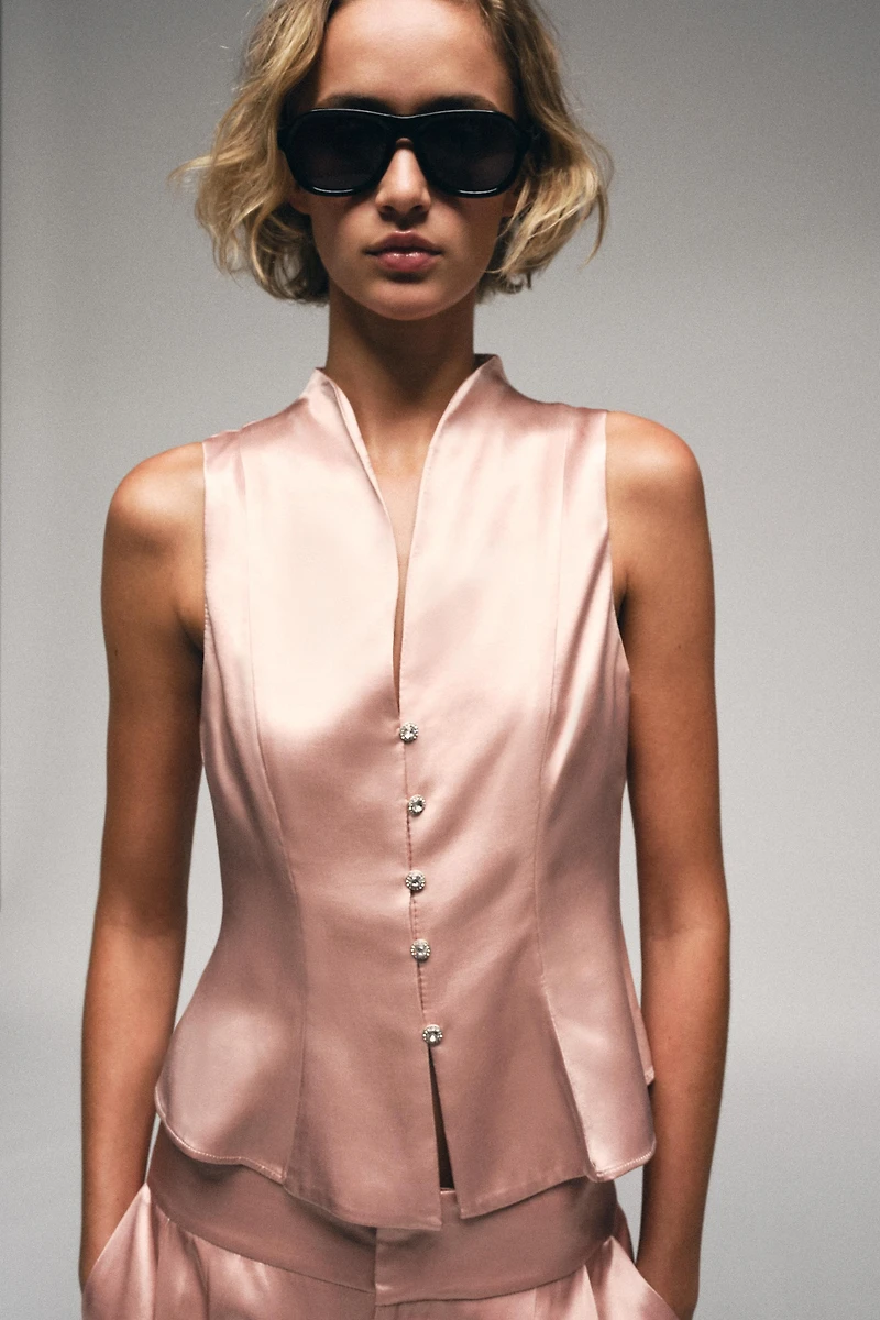 JEWEL BUTTON SATIN EFFECT TOP