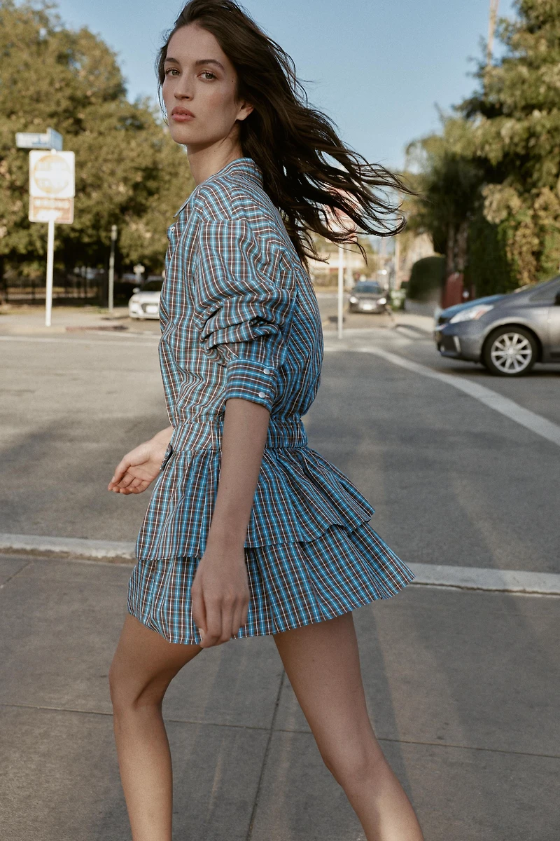 PLAID RUFFLED BELTED SHORT DRESS