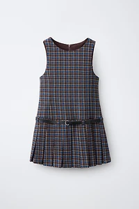 PLAID BELTED PINAFORE DRESS