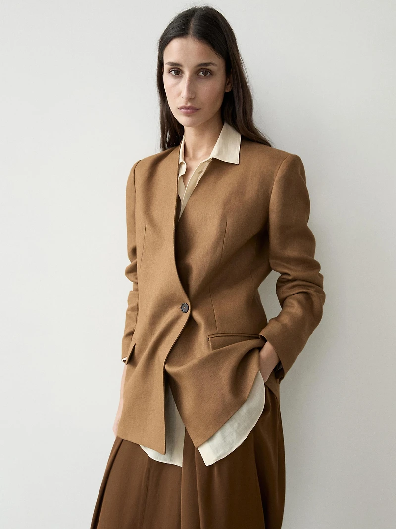 100% linen lapelless double-breasted blazer