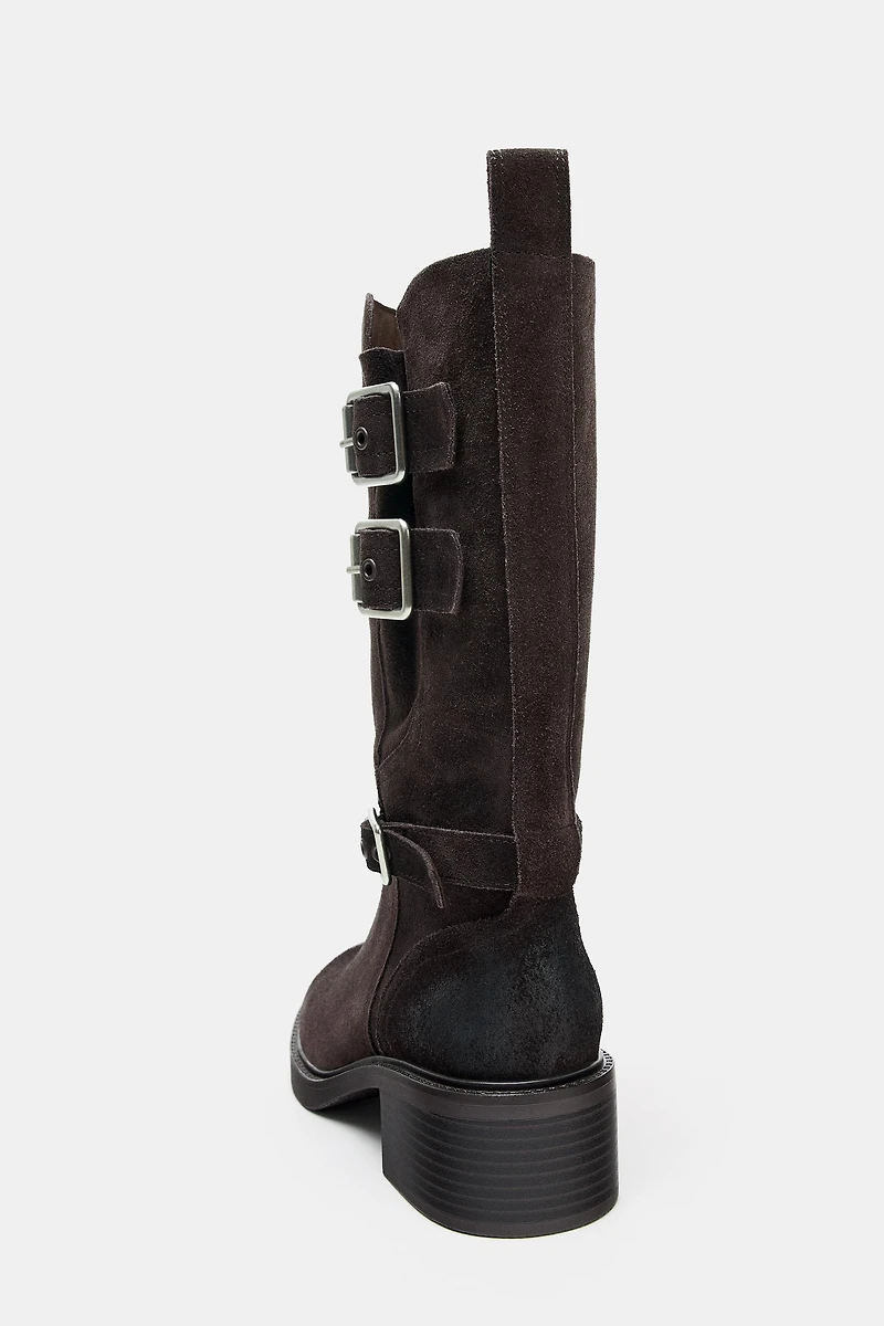 BUCKLED SPLIT LEATHER ANKLE BOOTS