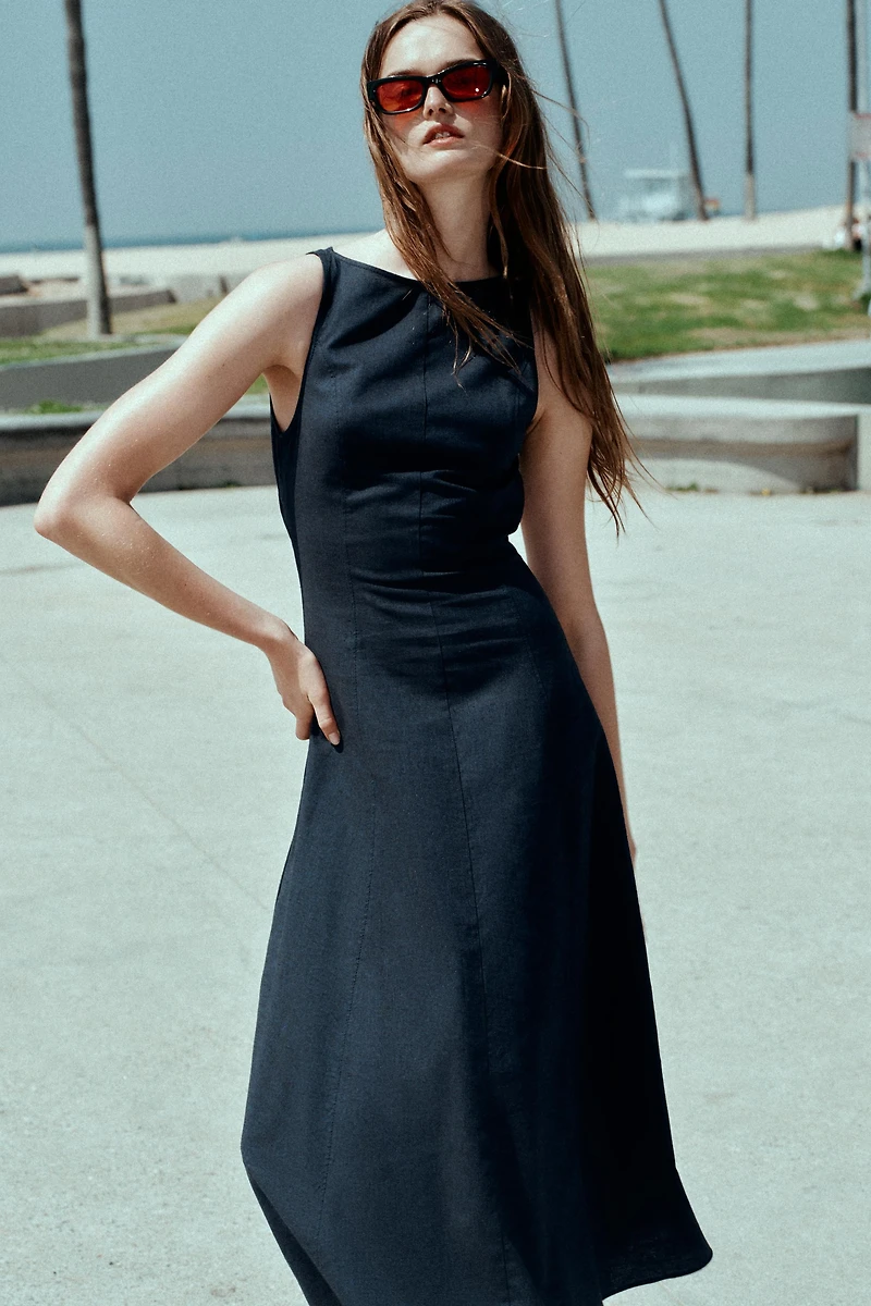 LINEN OPEN BACK MIDI DRESS