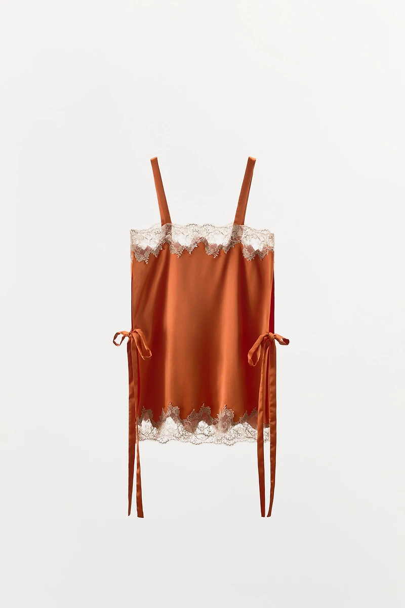 SATIN EFFECT EMBROIDERED TIE TOP
