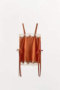 SATIN EFFECT EMBROIDERED TIE TOP