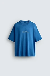 LINEN BLEND PRINTED TEXT T-SHIRT