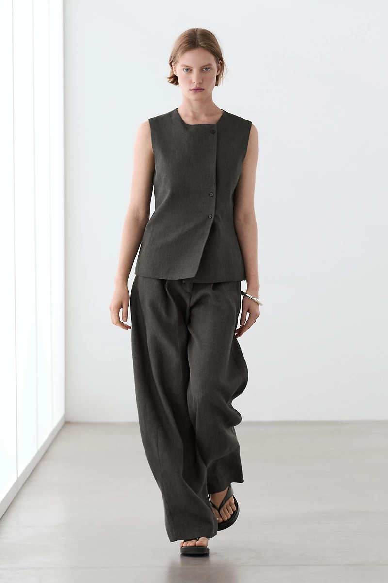 Gilet mélangé croisé boutons lin