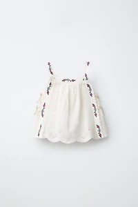 EMBROIDERED COTTON AND LINEN BLEND TOP